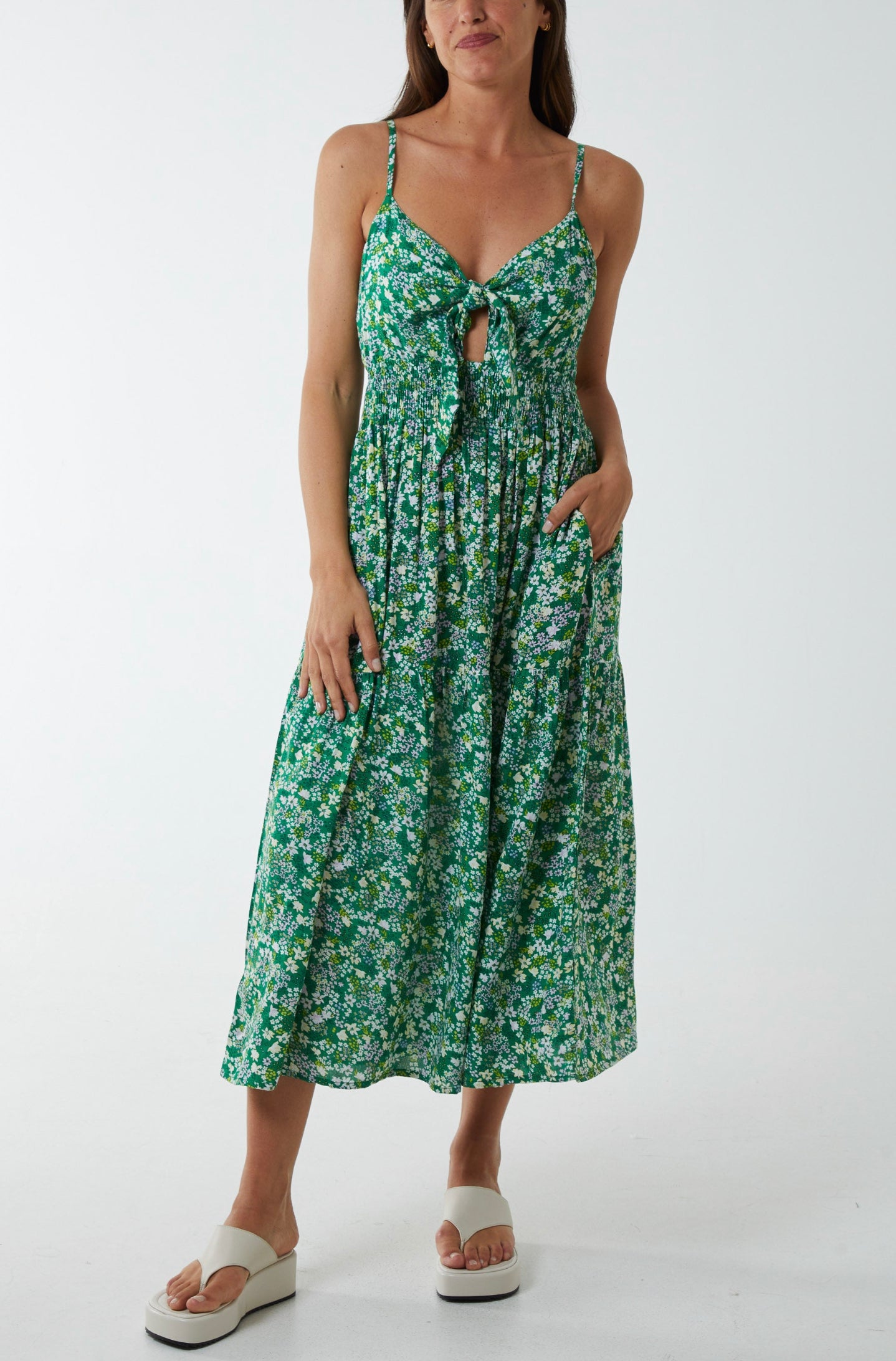 Tie Front Floral Dress Green