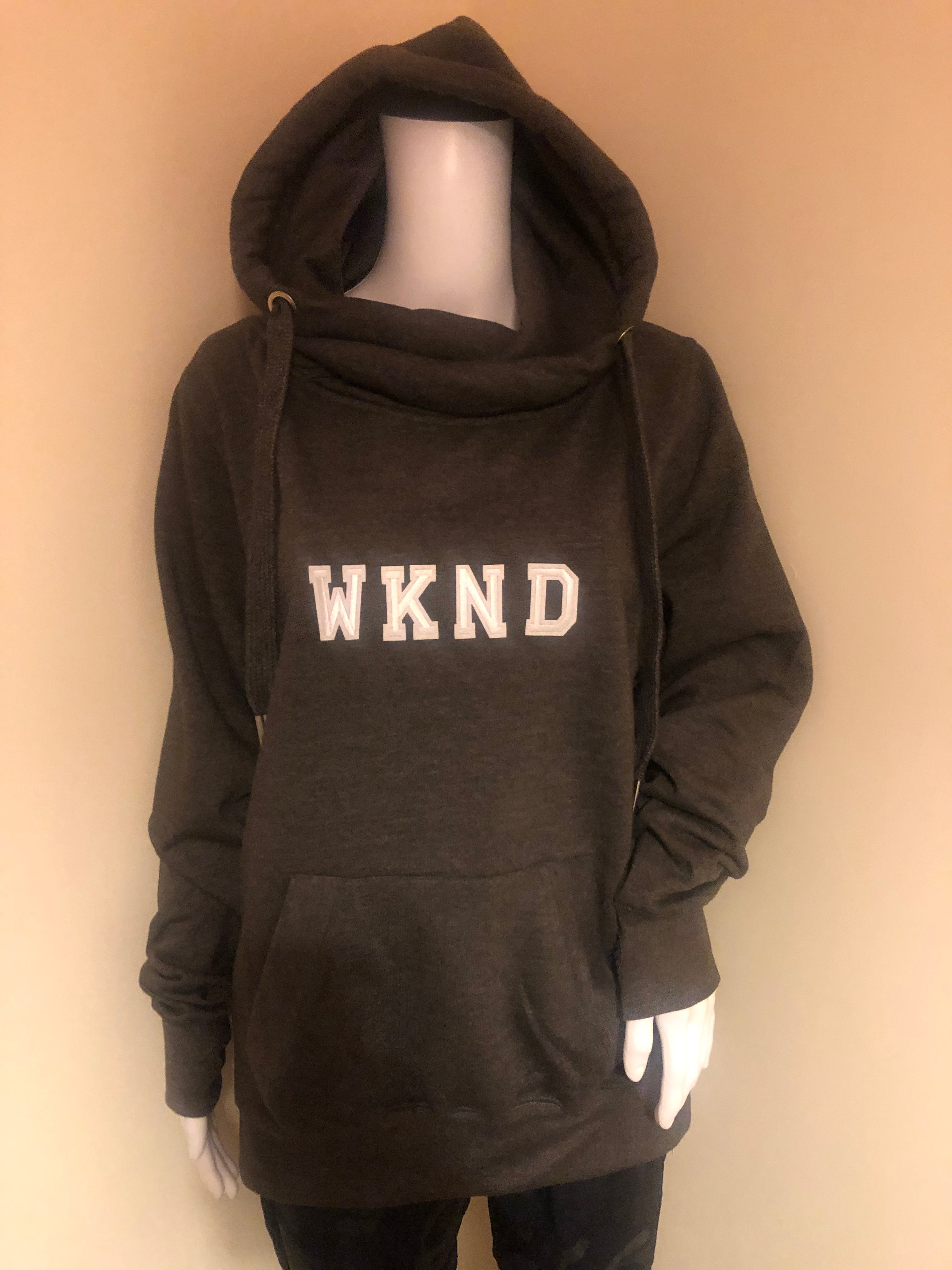 Liven Exclusive Crossover Neck Hoodie - Charcoal "WKND" Applique - Liven Boutique