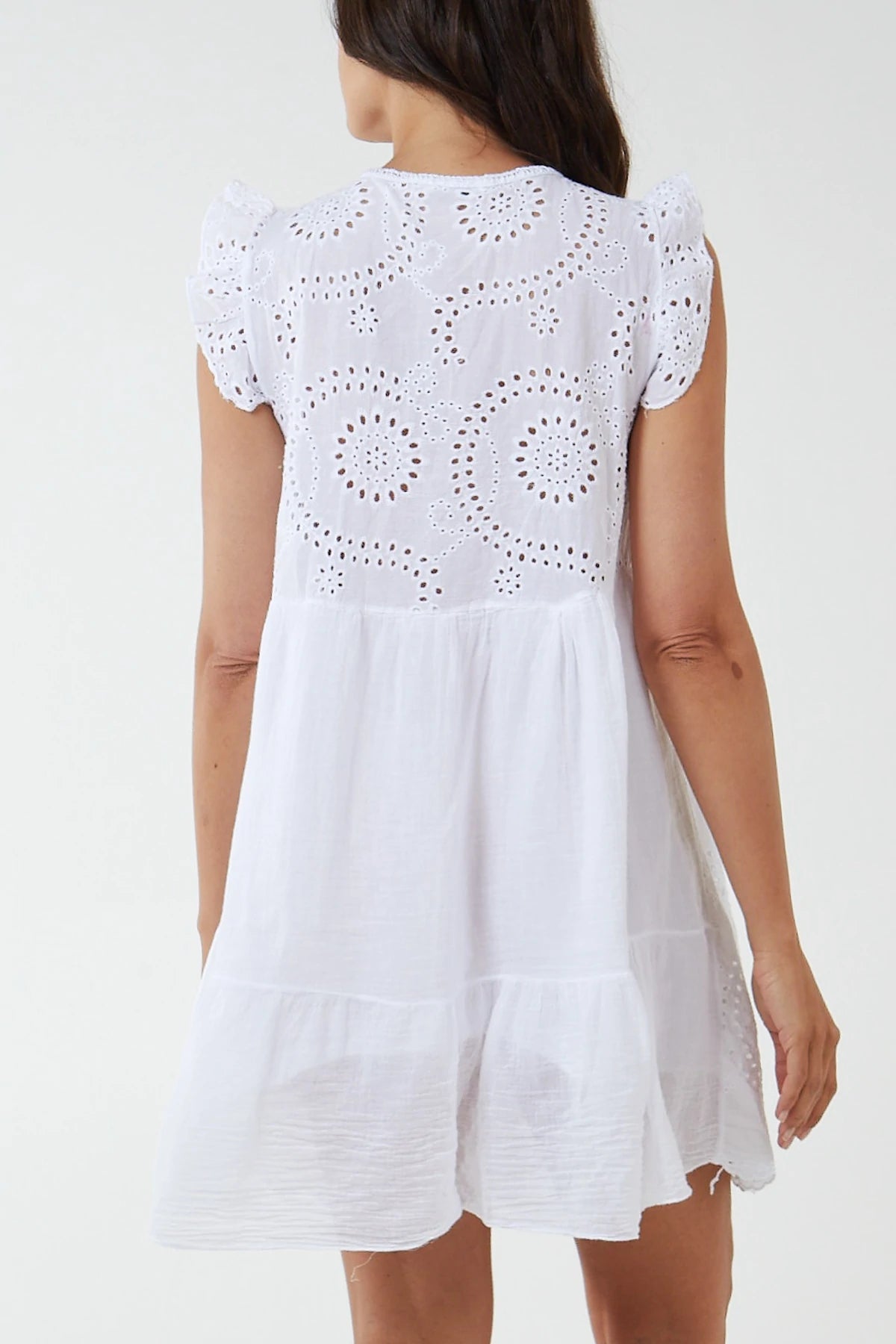 Presley Broiderie Anglaise Frill Sleeve Dress - White