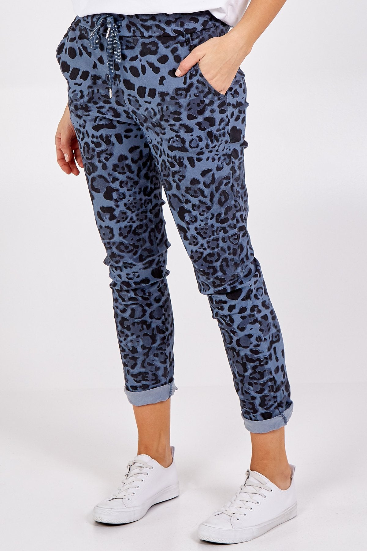 Millie Leopard Print Magic Pants - Denim Blue