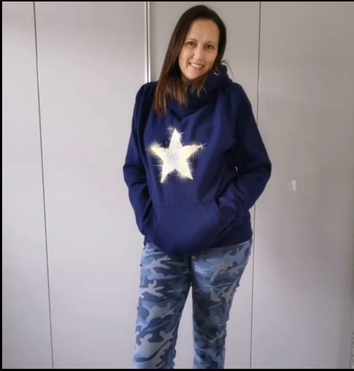 Liven Crossover Neck Hoodie - Navy with Silver Glitter Star Print