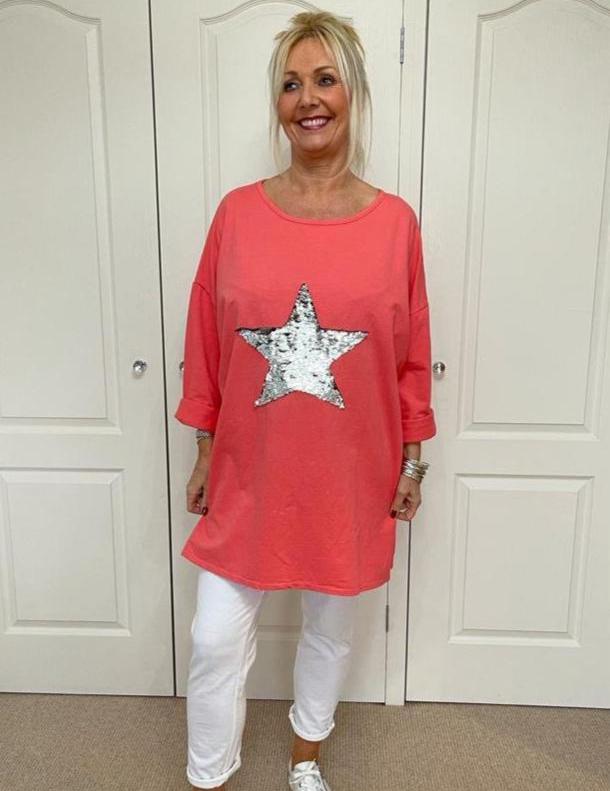 Mo Sequin Star Oversized Sweat Top - Coral