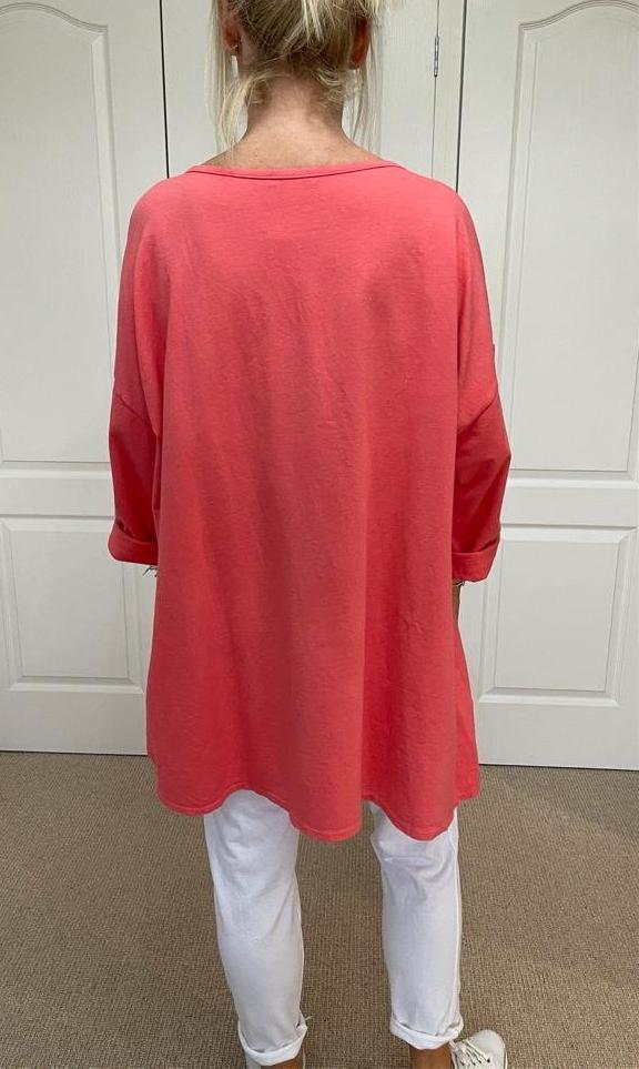 Mo Sequin Star Oversized Sweat Top - Coral