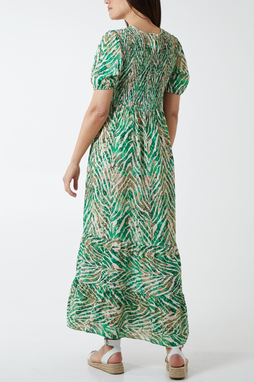 Oma Abstract Animal Shirred Maxi Dress - Green
