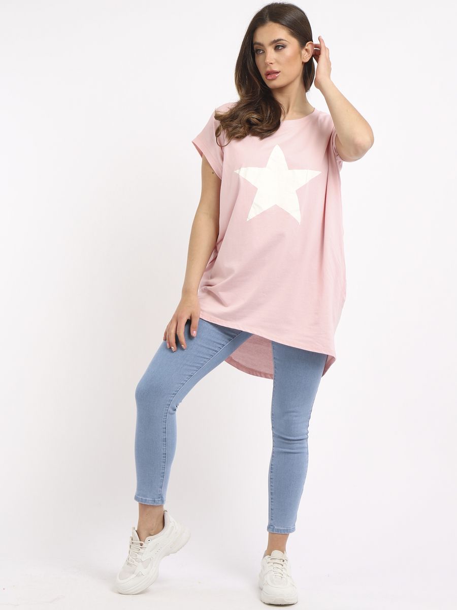 Lucy Star Print Longline Top - Pale Pink