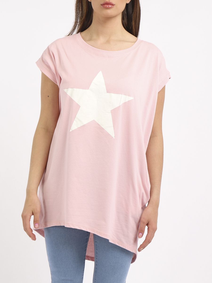 Lucy Star Print Longline Top - Pale Pink