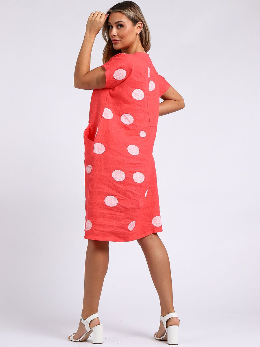 Halley Italian Polka Dot Linen Dress - Coral - Liven Boutique