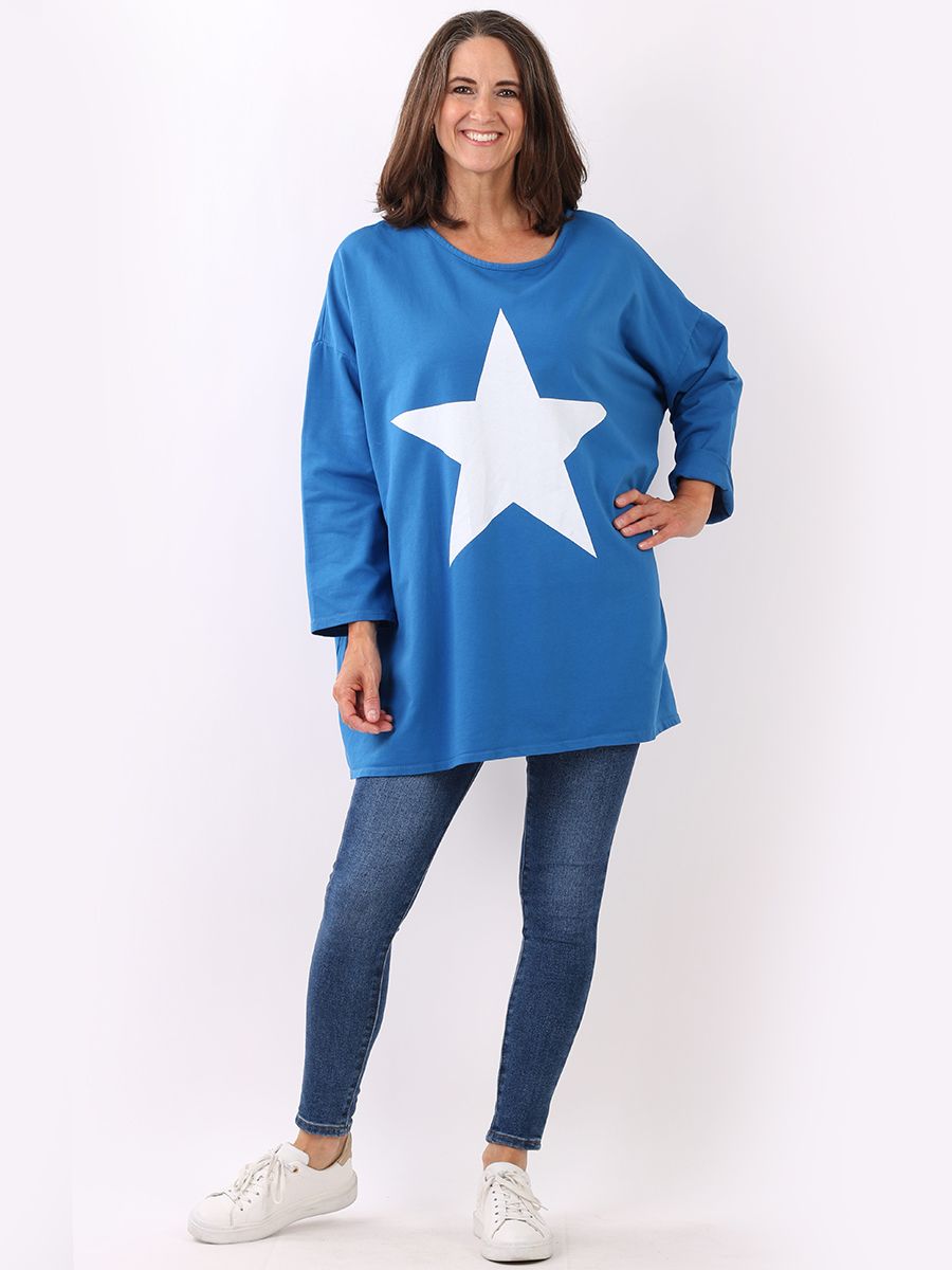 LouLou Star Print Oversized Cotton Top - Royal Blue