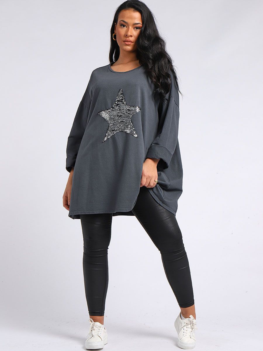 Mo Sequin Star Oversized Sweat Top - Charcoal