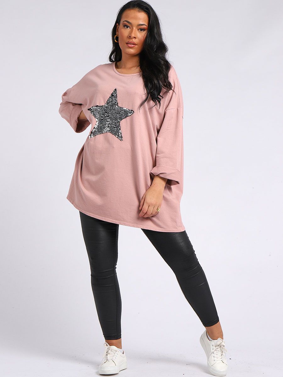 Mo Sequin Star Oversized Sweat Top - Nude Pink
