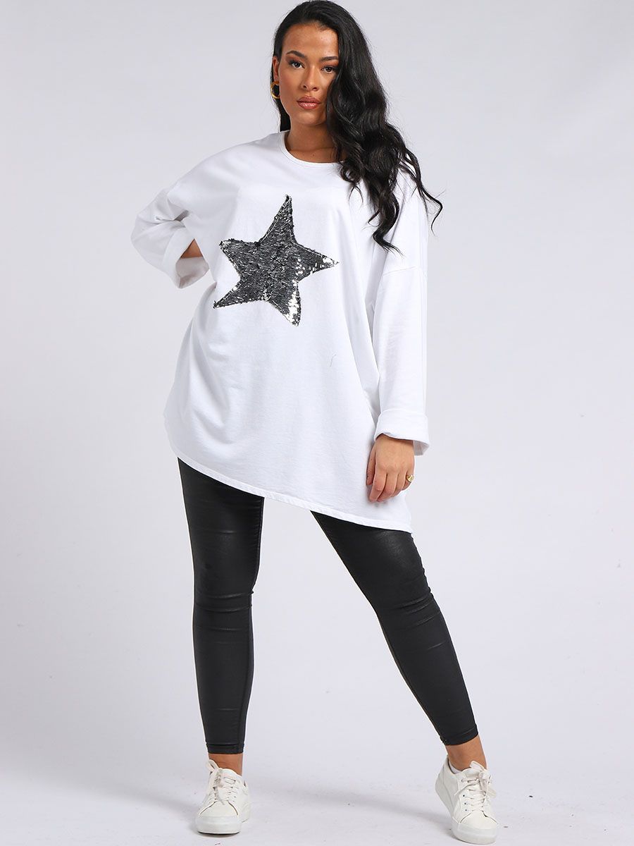 Sequin Star Oversized Sweat Top - White - Liven Boutique