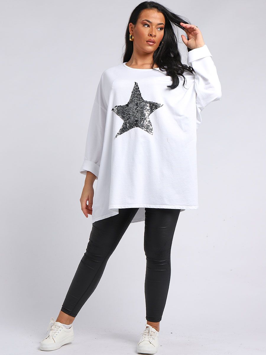Mo Sequin Star Oversized Sweat Top - White